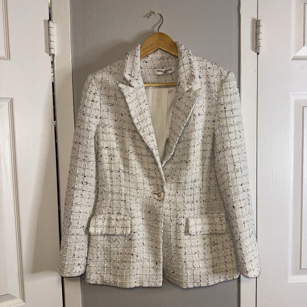 Amanda Uprichard Aldridge Tweed Blazer White Colorful Size Medium Office